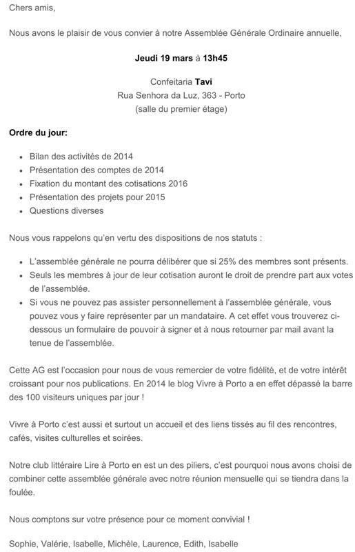 Rappel: Convocation à l'Assemblée Générale Ordinaire de Vivre à Porto - Jeudi 19 mars à 13h45