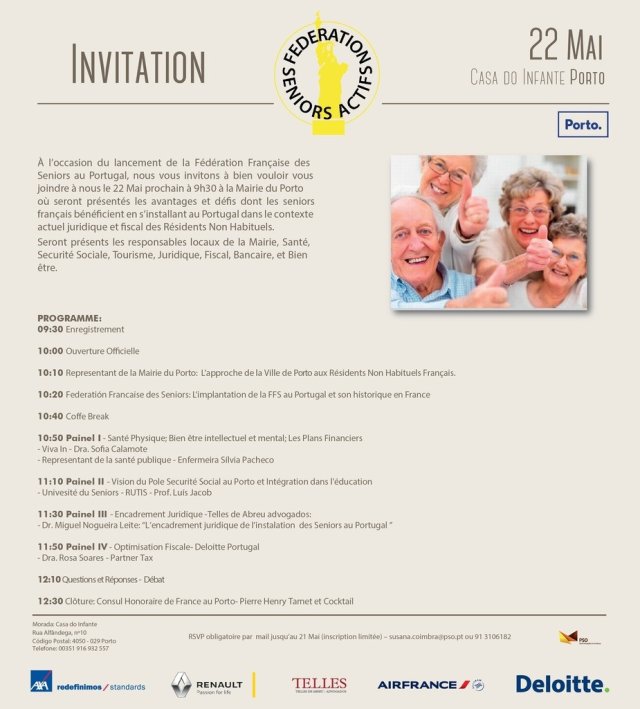 Attention ! Modification du programme de la Conférence sur le lancement de la Fédération Française des Séniors au Portugal.